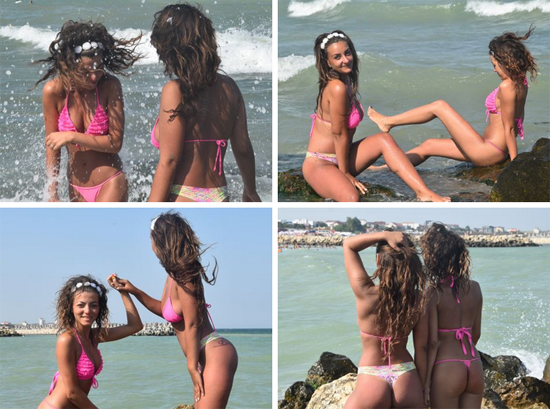 Two friends pose in their bikinis on the beach, Lorena and Juliani