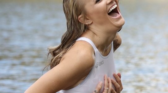 Swimsuit girl laughing