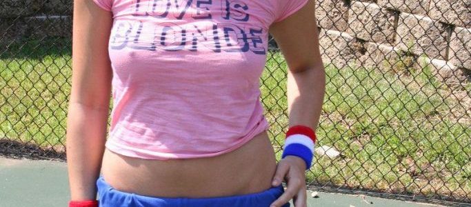 Brooke Marks in a blue tennis miniskirt